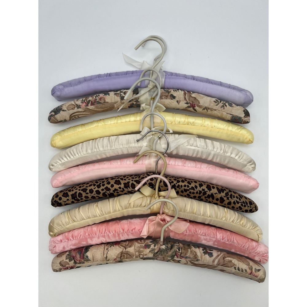 Vtg Padded Hangers w/ Bows Set of 9 Floral Leopard Pastel Satin Velvet